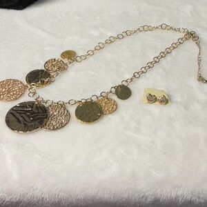 Gold Medallion Necklace with Artistic Bib Design and earrings  #317